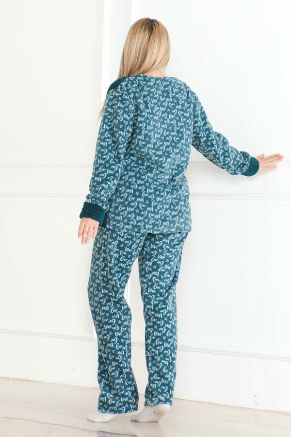 Düz Bisiklet Yaka Kadın Petrol Nakışlı Peluş Polar Pijama Takım - 26642