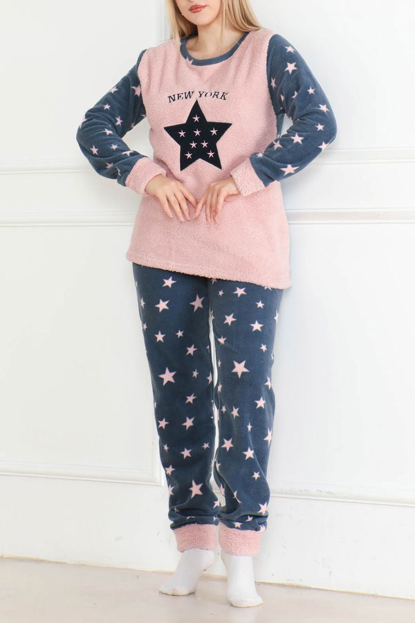 Nakışlı Peluş Polar Pijama Takım Pudra - 26640
