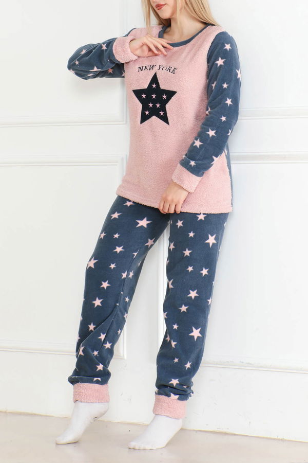 Nakışlı Peluş Polar Pijama Takım Pudra - 26640