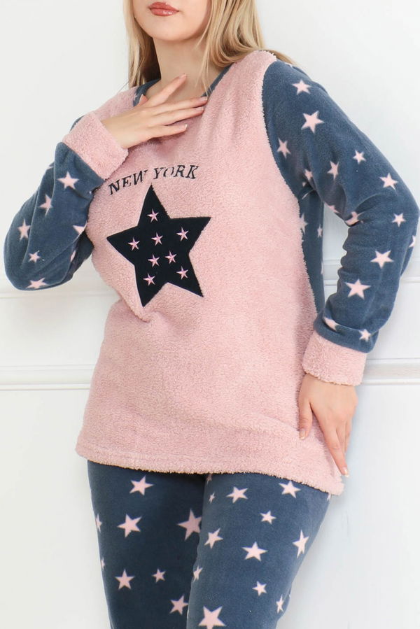 Nakışlı Peluş Polar Pijama Takım Pudra - 26640