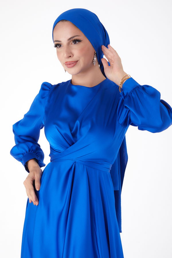 Bağcıklı Abiye Elbise Saks - 26160