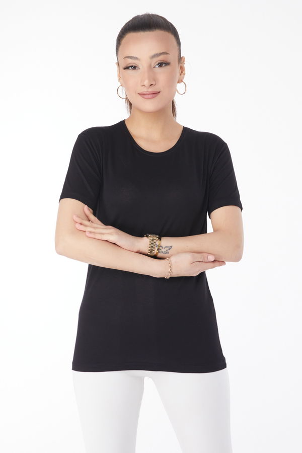 Kısa Kollu Baskısız T-shirt Siyah - 24764
