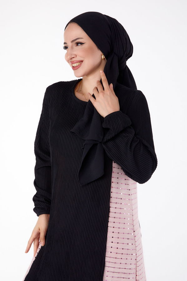 Yanı Simli Fitilli Elbise Siyah Pudra - 25628