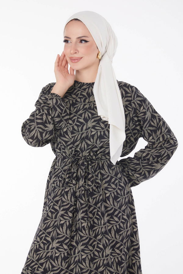 Yaprak Desenli Elbise Siyah - 25751