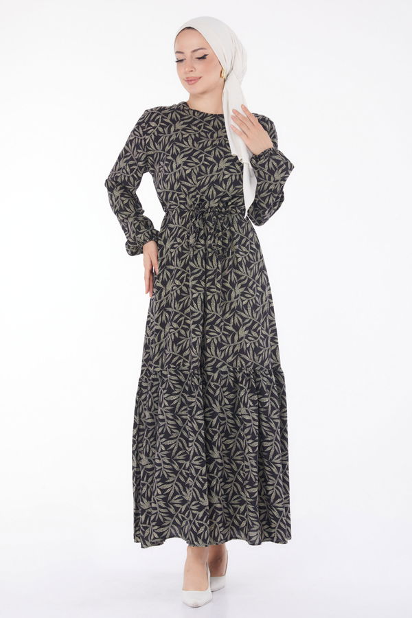 Yaprak Desenli Elbise Siyah - 25751