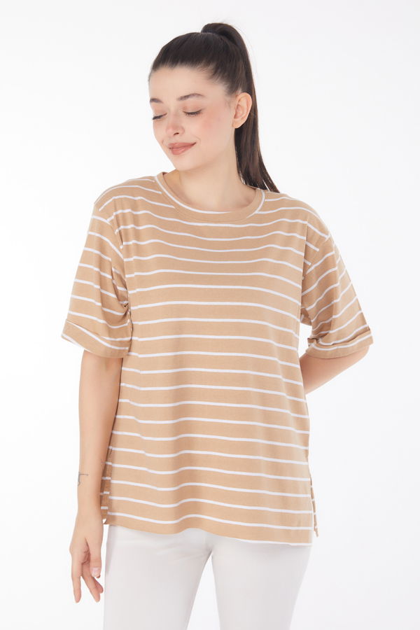 Çizgili Kısa Kollu T-shirt Vizon - 25840