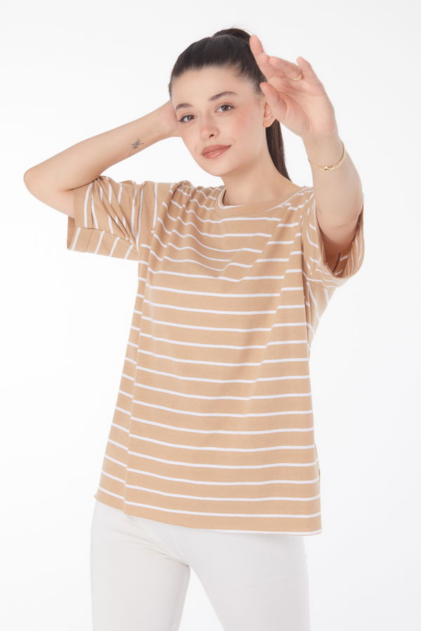 Çizgili Kısa Kollu T-shirt Vizon - 25840