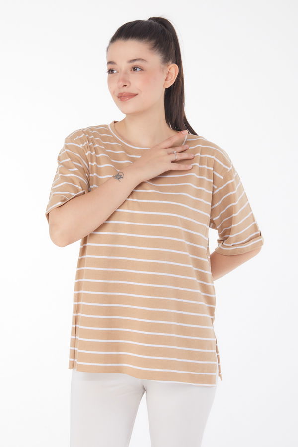 Çizgili Kısa Kollu T-shirt Vizon - 25840