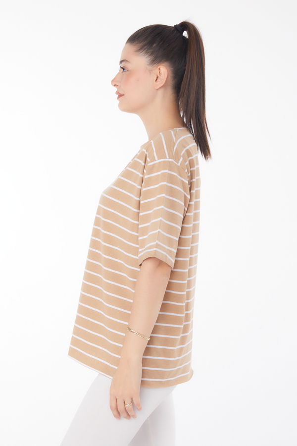Çizgili Kısa Kollu T-shirt Vizon - 25840