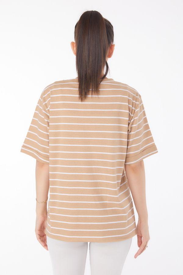 Çizgili Kısa Kollu T-shirt Vizon - 25840