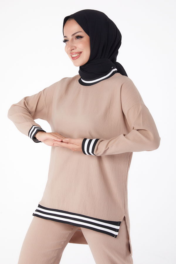 Düz Bisiklet Yaka Kadın Vizon Tunik Pantolon - 11321