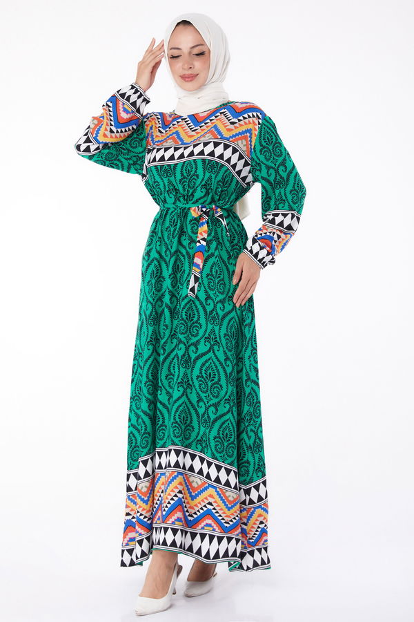 Desenli Elbise Yesil - 26233