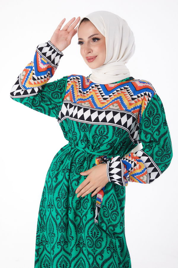 Desenli Elbise Yesil - 26233