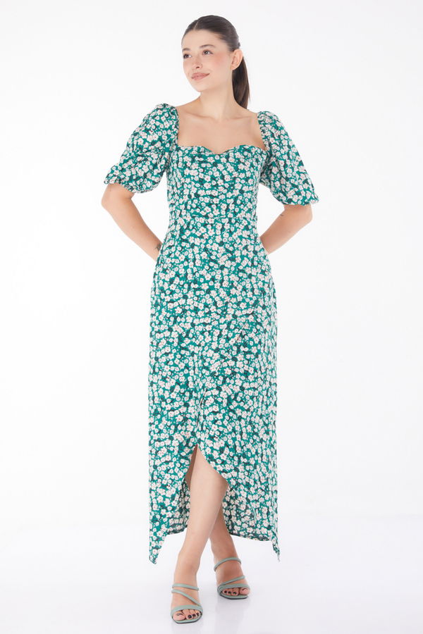 Çiçek Desenli Midi Elbise Zümrüt - 25949