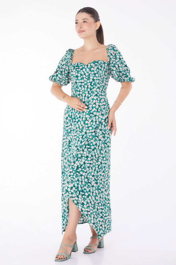 Çiçek Desenli Midi Elbise Zümrüt - 25949