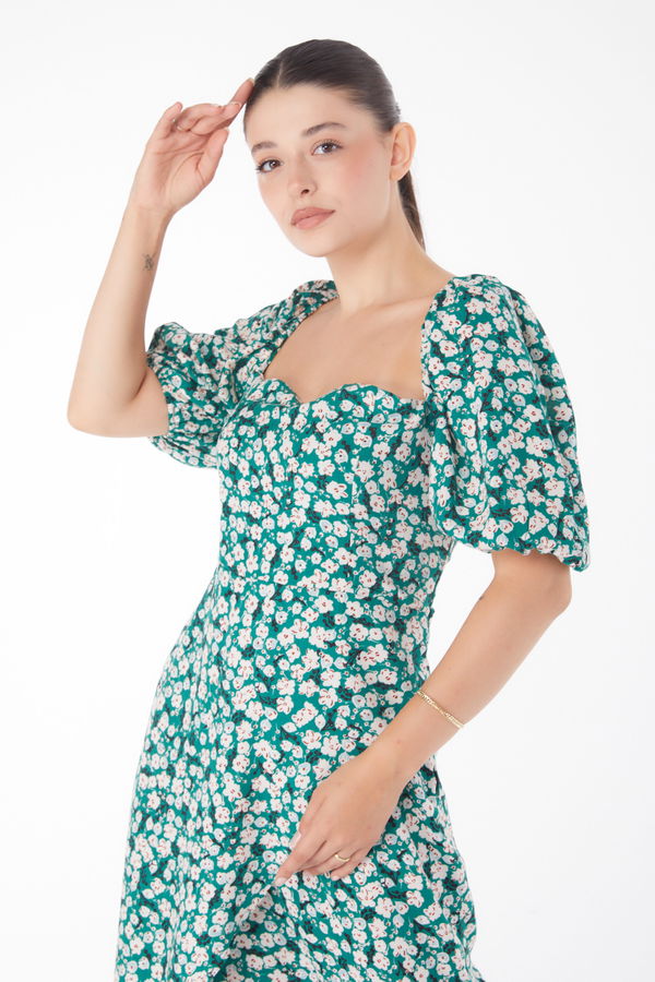 Çiçek Desenli Midi Elbise Zümrüt - 25949