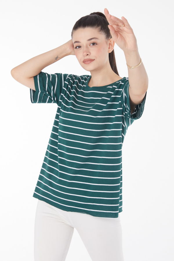 Çizgili Kısa Kollu T-shirt Zümrüt - 25840