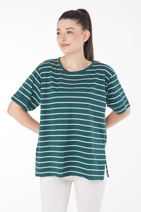 Çizgili Kısa Kollu T-shirt Zümrüt - 25840