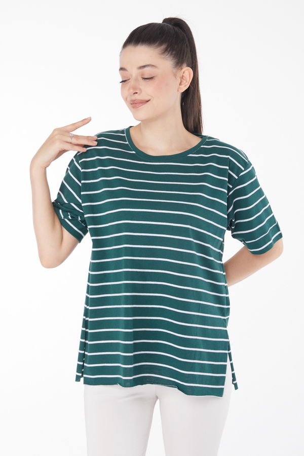 Çizgili Kısa Kollu T-shirt Zümrüt - 25840