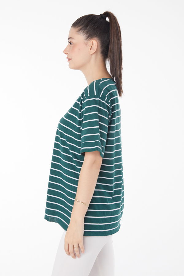 Çizgili Kısa Kollu T-shirt Zümrüt - 25840