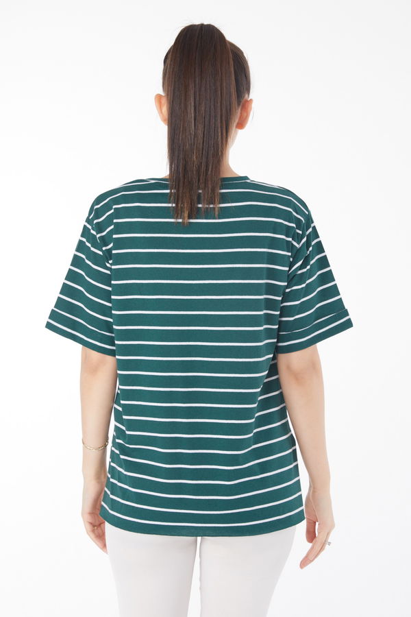 Çizgili Kısa Kollu T-shirt Zümrüt - 25840