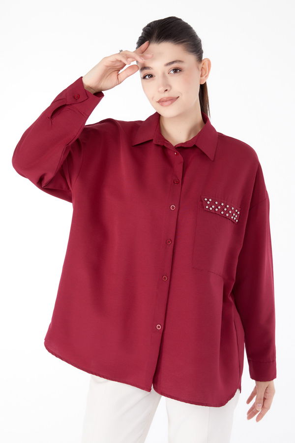Taş Detaylı Gömlek Bordo - 13194