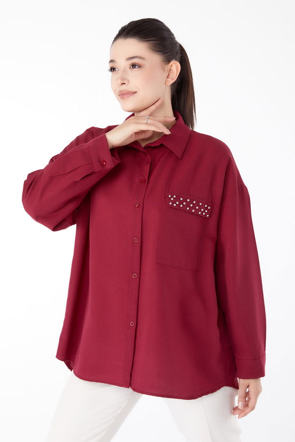 Taş Detaylı Gömlek Bordo - 13194