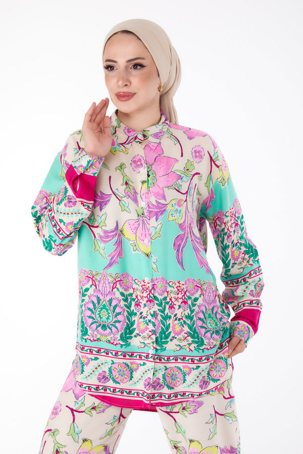 Düz Gömlek Yaka Kadın Fuşya Desenli Tunik Pantolon - 25604