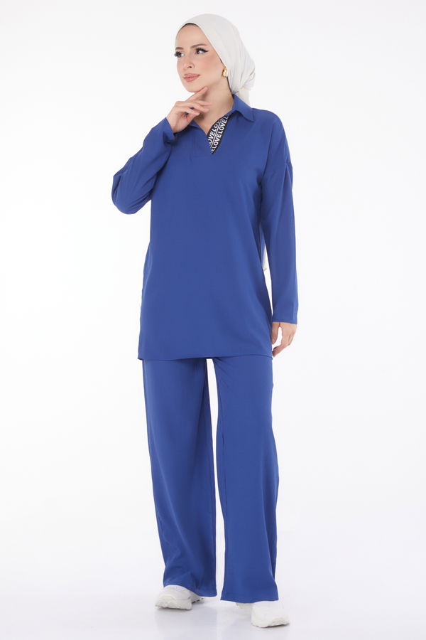 Düz Gömlek Yaka Kadın Indigo Tunik Pantolon İkili Takım - 13201