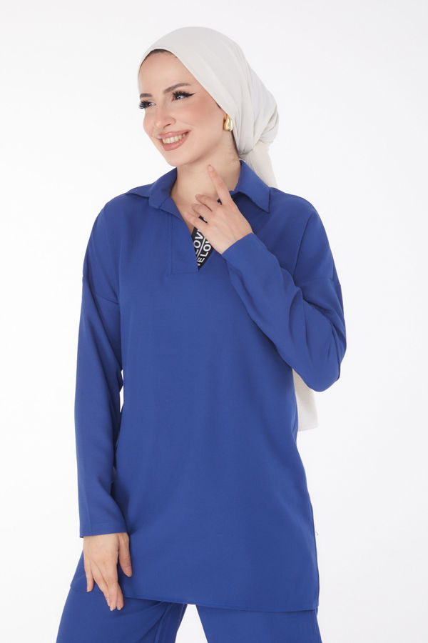 Düz Gömlek Yaka Kadın Indigo Tunik Pantolon İkili Takım - 13201