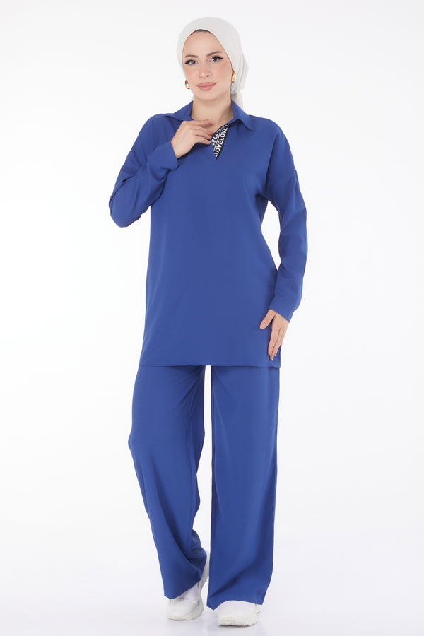 Düz Gömlek Yaka Kadın Indigo Tunik Pantolon İkili Takım - 13201