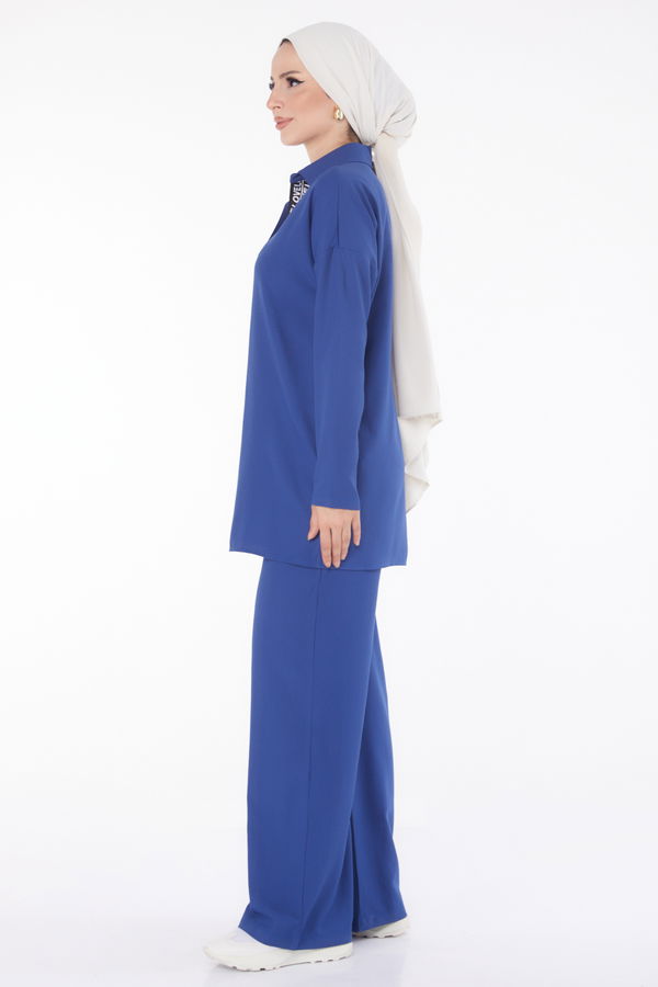 Düz Gömlek Yaka Kadın Indigo Tunik Pantolon İkili Takım - 13201