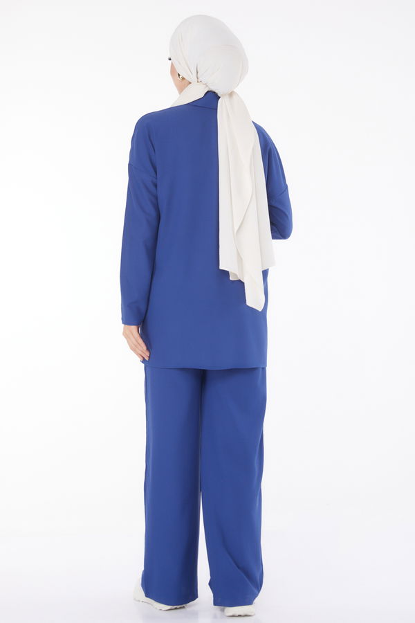 Düz Gömlek Yaka Kadın Indigo Tunik Pantolon İkili Takım - 13201
