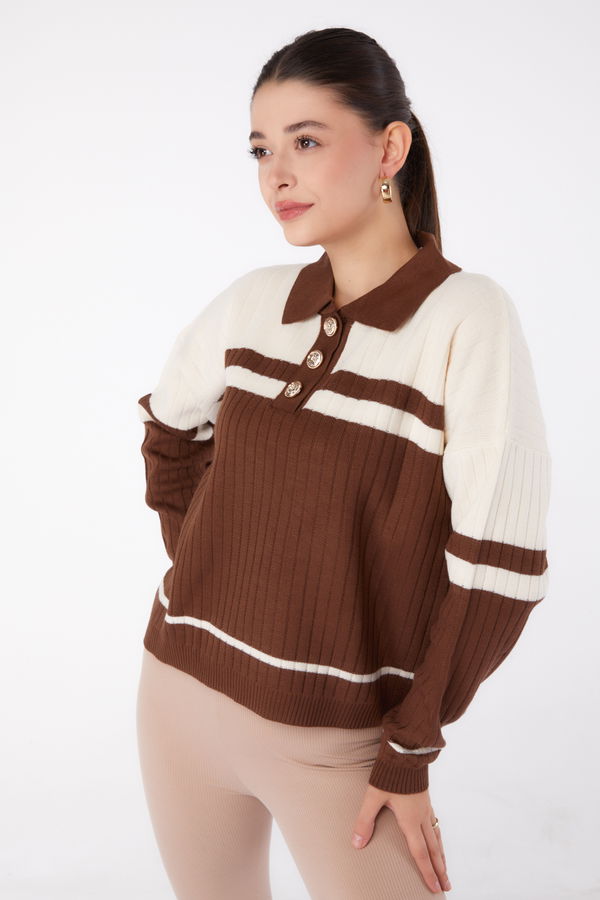 Düğmeli Triko Kazak Kahve Krem - 26424