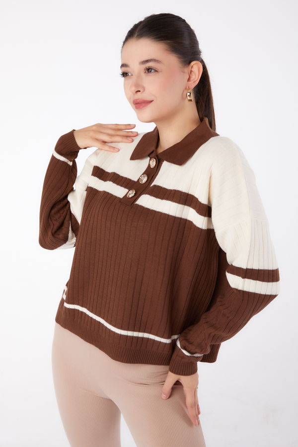 Düğmeli Triko Kazak Kahve Krem - 26424