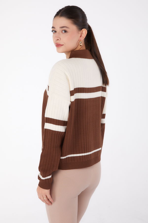 Düğmeli Triko Kazak Kahve Krem - 26424