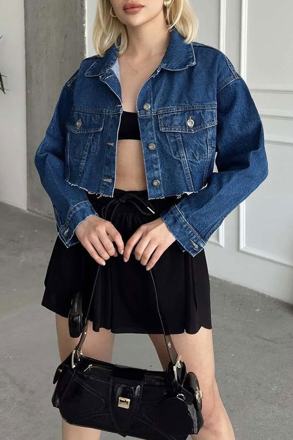 Kadın Çift Cepli Lazer Kesim Crop Kot Ceket Koyu Mavi - 26582