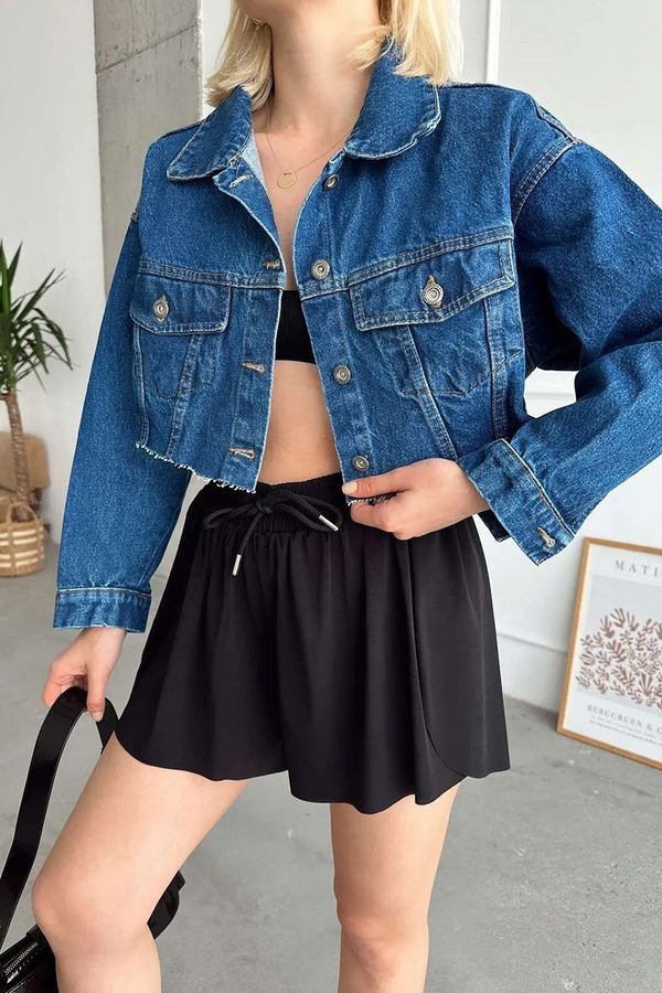 Kadın Çift Cepli Lazer Kesim Crop Kot Ceket Koyu Mavi - 26582