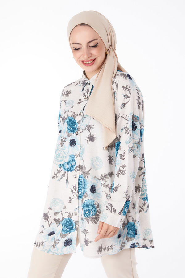 Çiçek Desenli Tunik Mavi - 25617