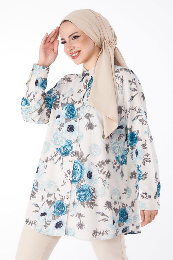 Çiçek Desenli Tunik Mavi - 25617