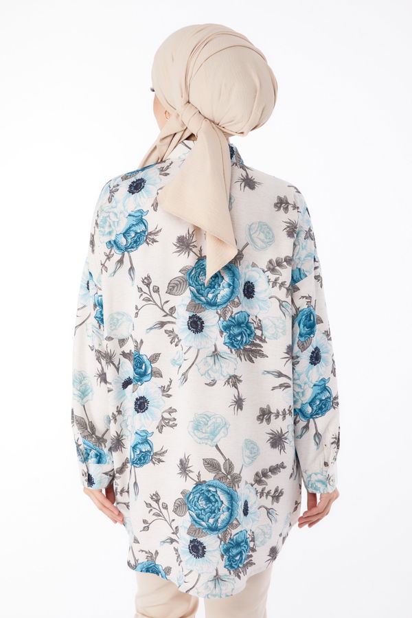 Çiçek Desenli Tunik Mavi - 25617