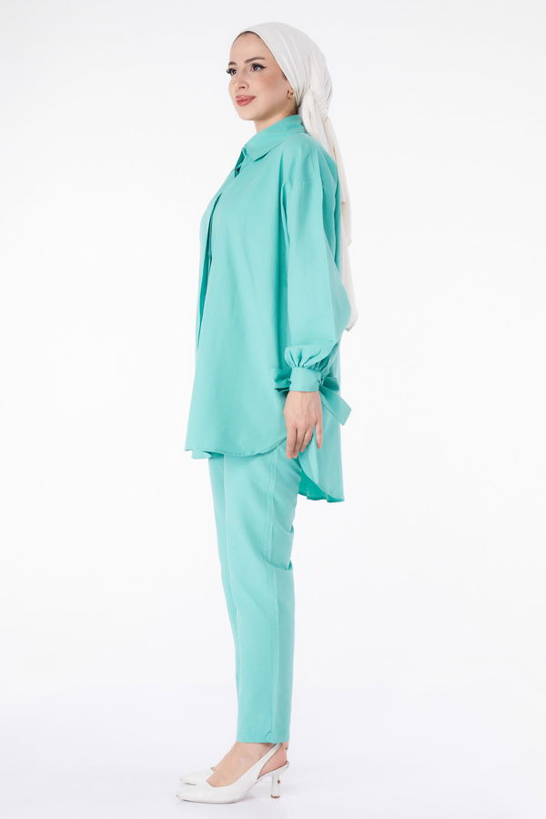 Düz Gömlek Yaka Kadın Mint Tunik Pantolon İkili Takım - 13182