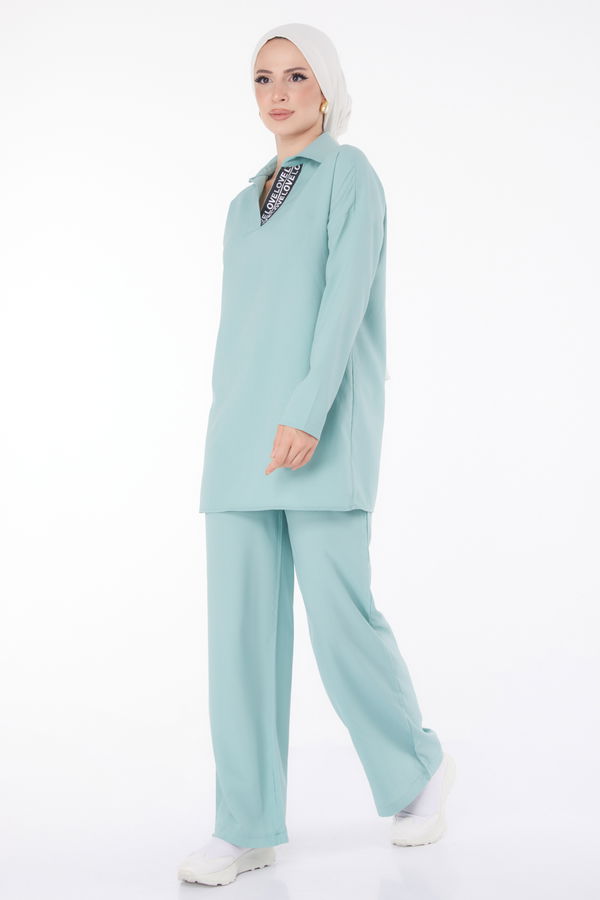 Düz Gömlek Yaka Kadın Mint Tunik Pantolon İkili Takım - 13201