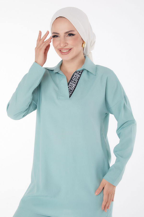 Düz Gömlek Yaka Kadın Mint Tunik Pantolon İkili Takım - 13201