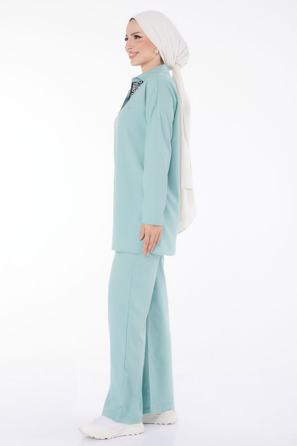 Düz Gömlek Yaka Kadın Mint Tunik Pantolon İkili Takım - 13201