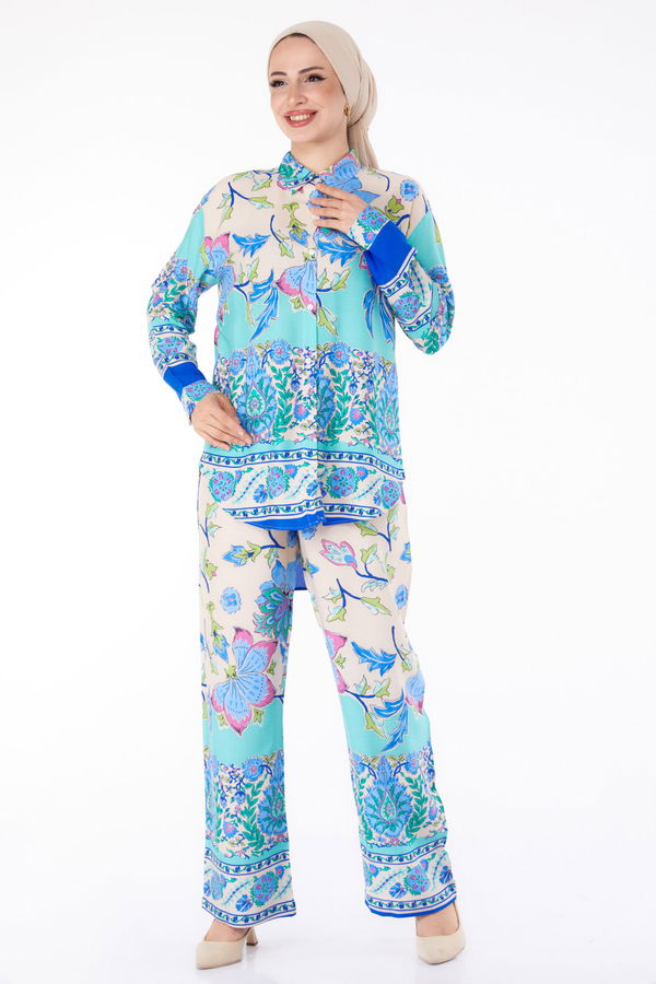 Düz Gömlek Yaka Kadın Saks Desenli Tunik Pantolon - 25604