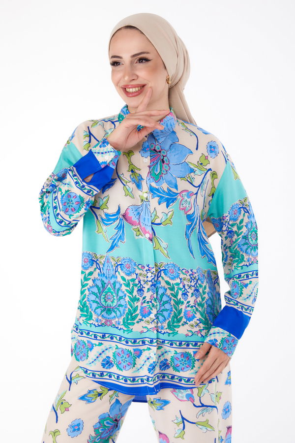 Düz Gömlek Yaka Kadın Saks Desenli Tunik Pantolon - 25604