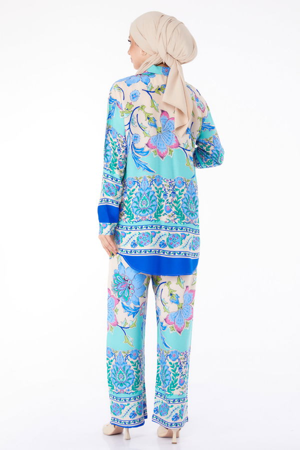 Düz Gömlek Yaka Kadın Saks Desenli Tunik Pantolon - 25604
