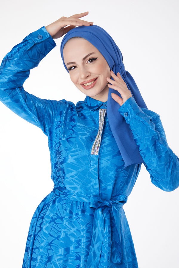 Taş Detaylı Abiye Elbise Saks - 25191
