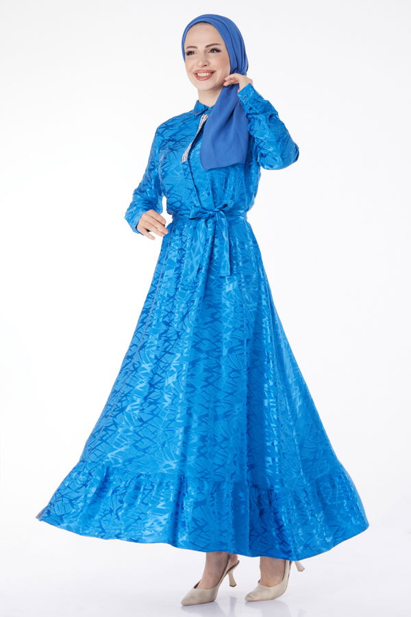 Taş Detaylı Abiye Elbise Saks - 25191